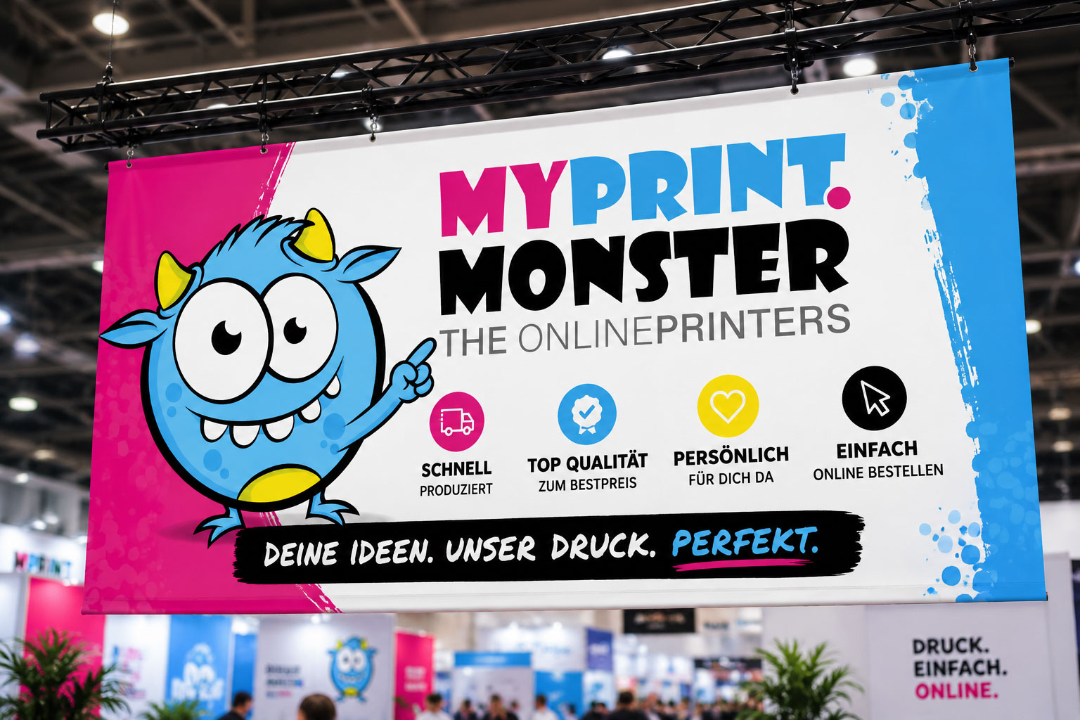 myprint.monster Werbebanner auf einer Messe.
